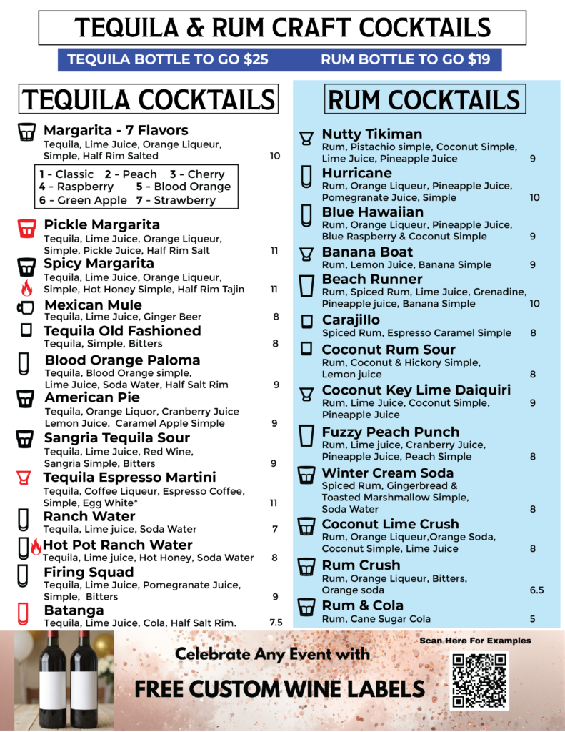 Whole Hearted Winery tequila and rum craft cocktail menu featuring specialty margaritas, palomas, mules, and diverse tequila drinks, a large selection of rum cocktails, custom wine label options, and bottles to go