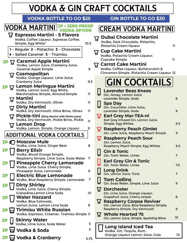 Whole Hearted Winery vodka and gin craft cocktail menu featuring classic and cream vodka martinis, specialty vodka cocktails, a wide selection of gin cocktails, Zero Proof Cocktails and bottles to go
