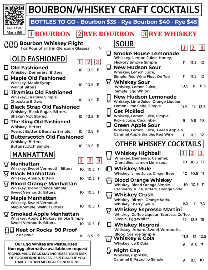 Whole Hearted Winery bourbon and whiskey craft cocktail menu featuring a custom whiskey flight, variations of The Best Old Fashioned and Manhattans, sours, specialty whiskey drinks, neat or rocks pours, and bottles to go