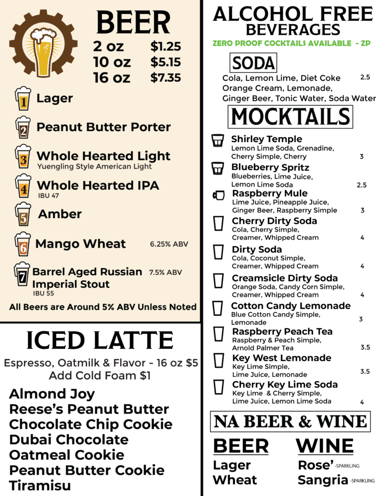 Whole Hearted Winery beverage menu featuring craft beers, iced lattes with gourmet flavors, alcohol-free sodas, specialty mocktails, non-alcoholic beer, and non-alcoholic wine.